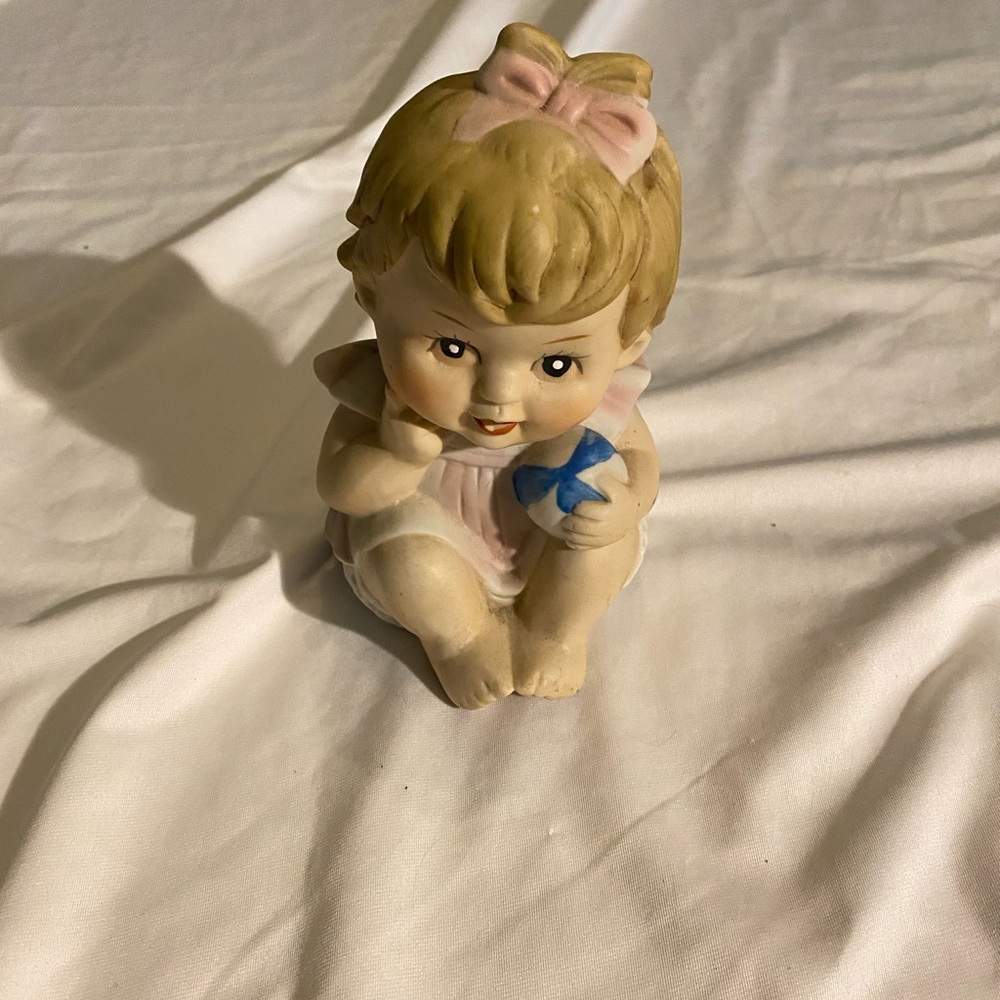 Vintage Bisque Baby Girl With Ball Ceramic Porcelain Figurine Decor Shelf Sitter